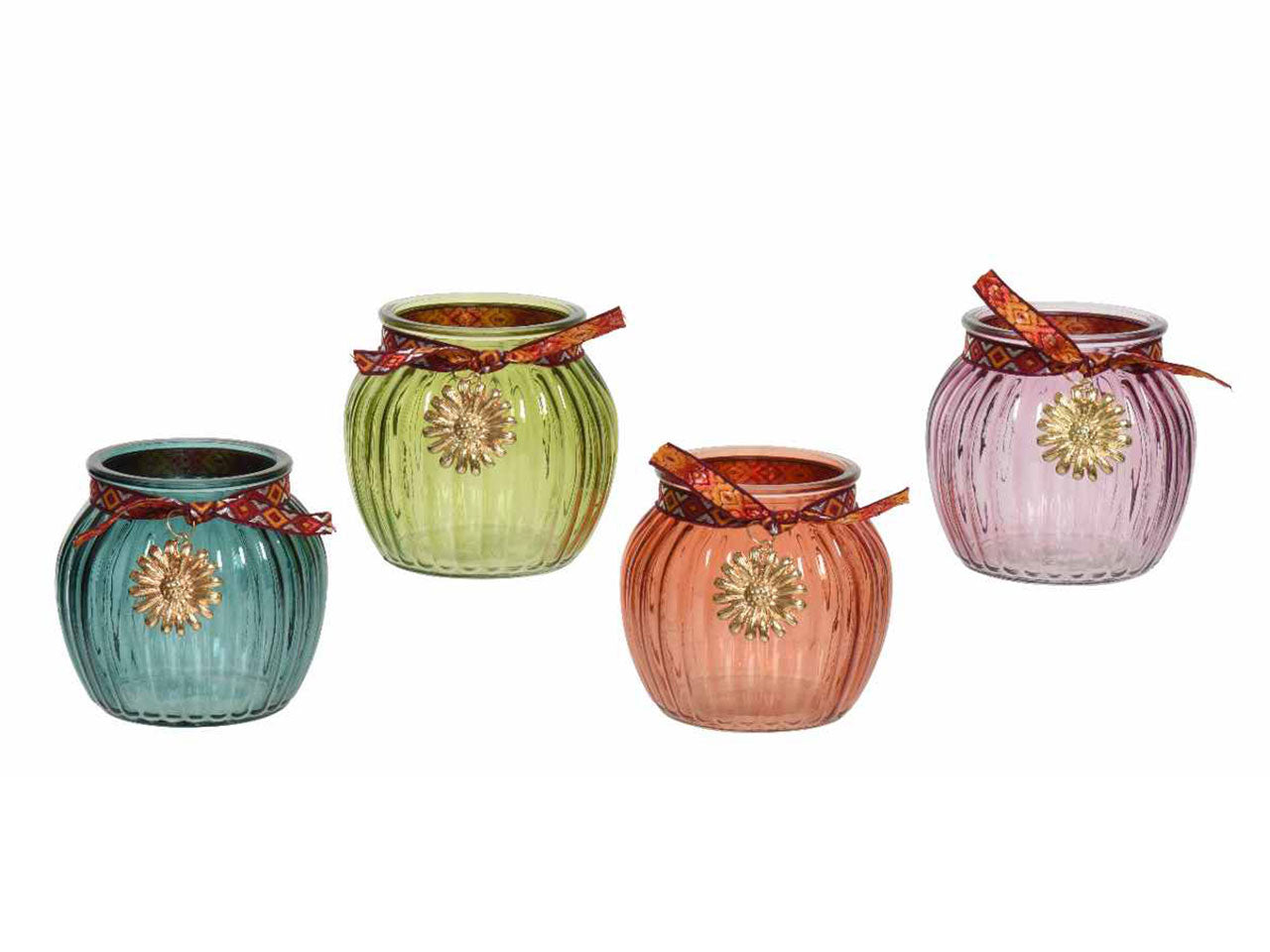 Vaso decorativo trasparente con nastro in organza ornamentale e margherita in metallo 4 colori assortiti d.11xh.10cm