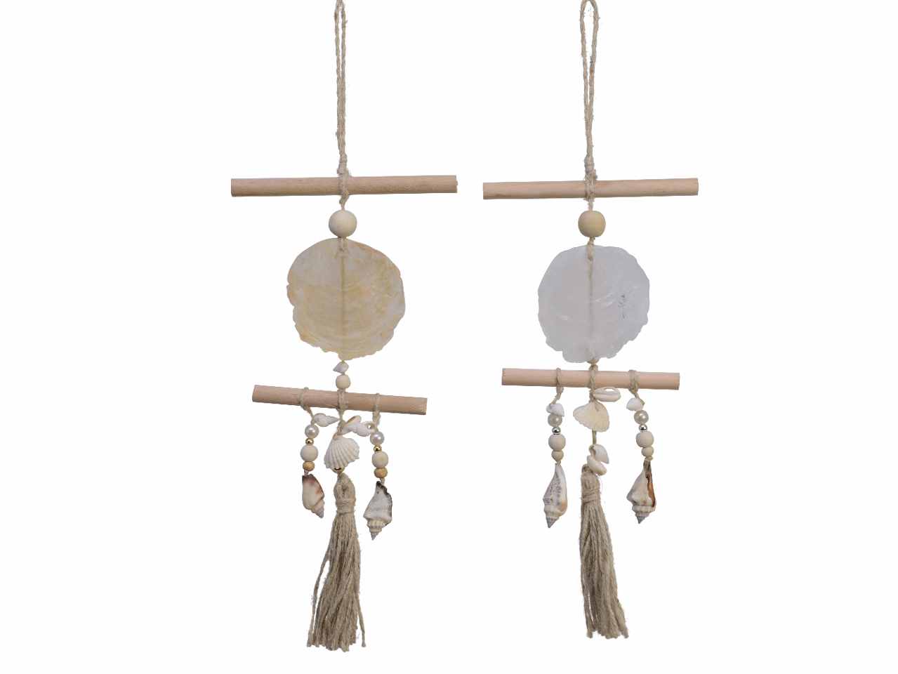 Appendino decorativo con perline conchiglie e nappa corda in juta e legno d'acero con gancio per sospensione 15xh.32cm