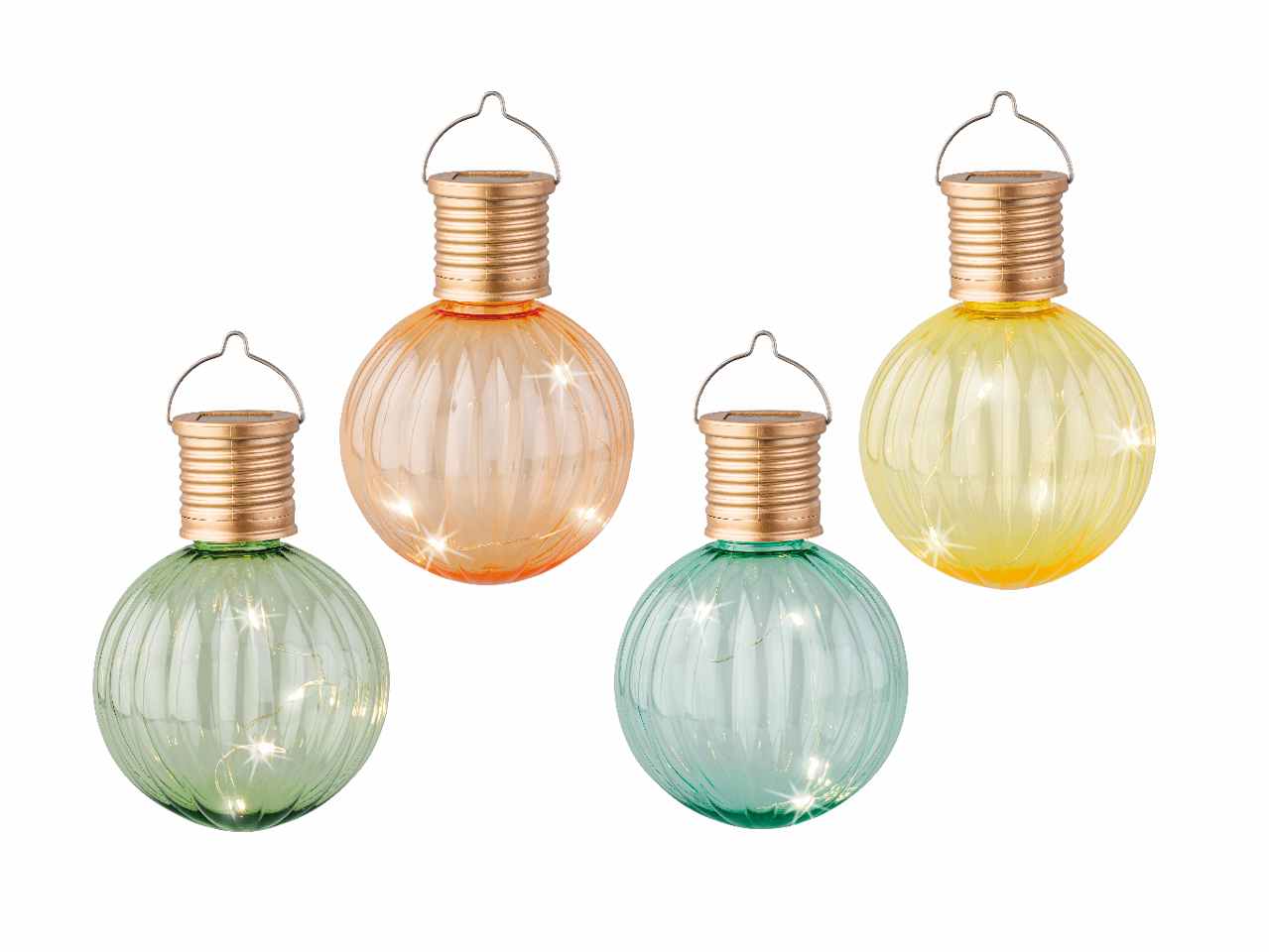 Lampadina solare in plastica con batteria da 40mah tensione 1,2v colore led bianco caldo bulbo rotondo autonomia 6 ore 4 colori assortiti d.8xh.11cm