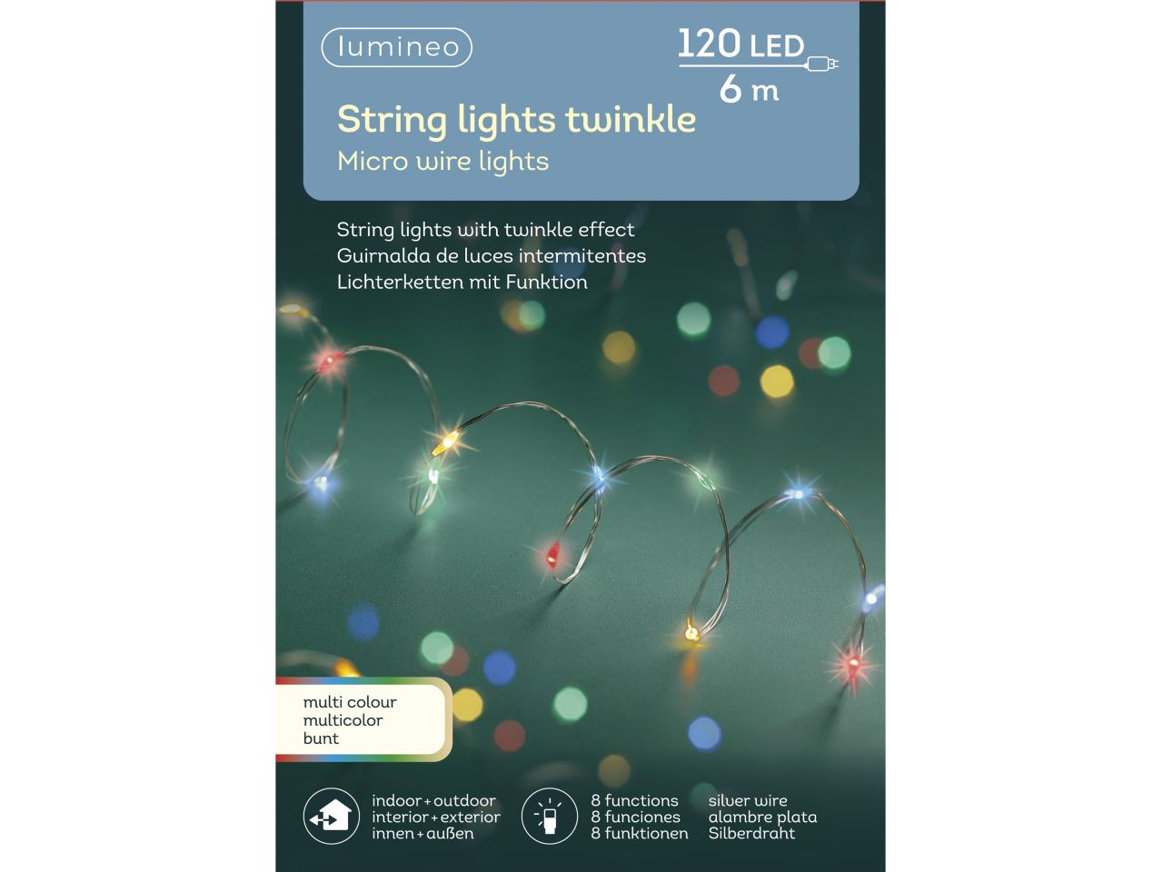 Luci natalizie micro catena led con 8 funzioni effetto scintillio colore argento multicolore misura lun.595cm misura del led micro numero di led 120