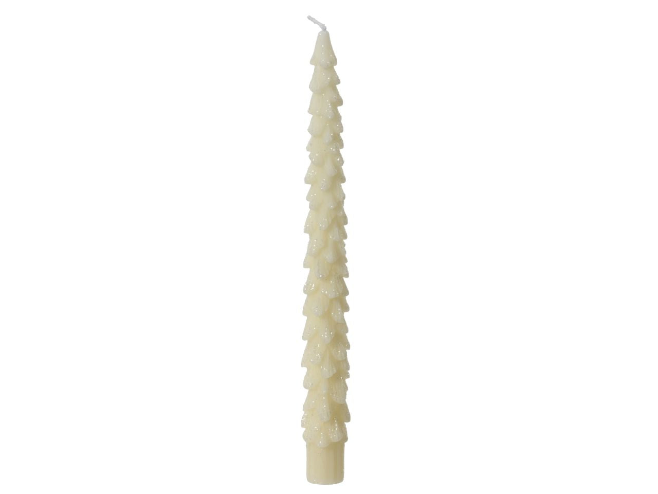 Candela di cera d.2,2x25cm a forma di albero glitterata bianca