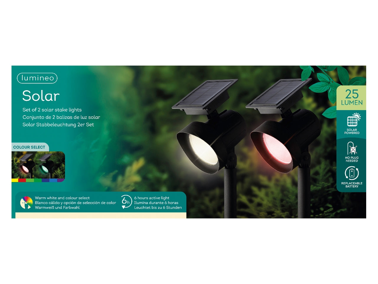 Set da 2 faretti solari da giardino neri in plastica con luce bianco caldo e cambio colore RGB, autonomia 6 ore - 11x31,5cm - Kaemingk $