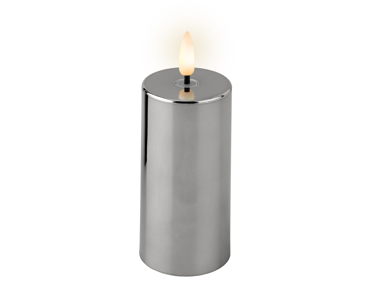 Candela con stoppino e led d.5x12,5cm a batteria argento