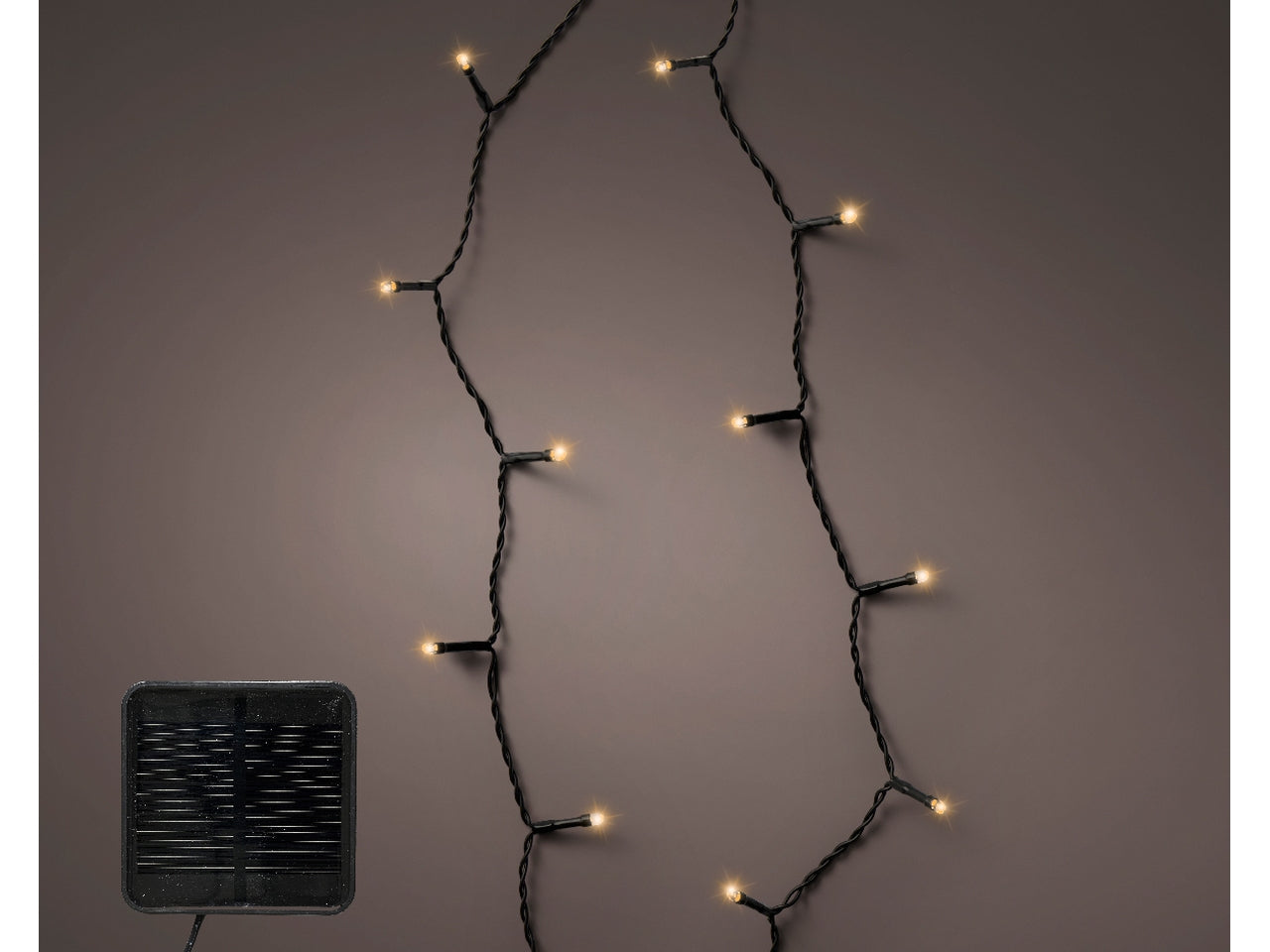 Catena luminosa solare da 120 led in pvc con 8 funzioni di effetto scintillio con cavo nero e led da 3mm colore bianco caldo