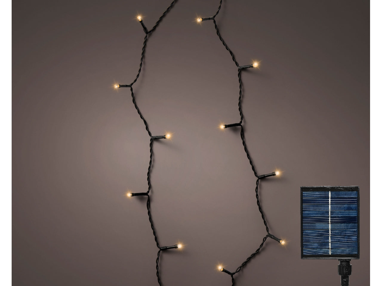 Catena luminosa solare da 240 led in pvc con 8 funzioni di effetto scintillio con cavo nero e led da 3mm colore bianco caldo