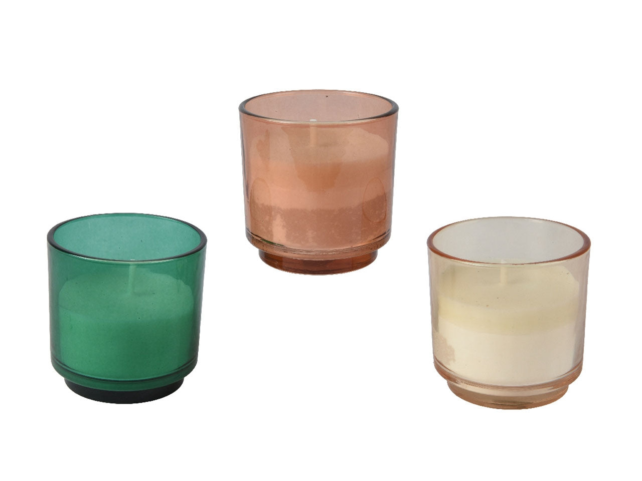Candela alla citronella in vasetto cilindrico di vetro trasparente in 3 colori assortiti per esterno diametro 7,8cm x 7,75cm