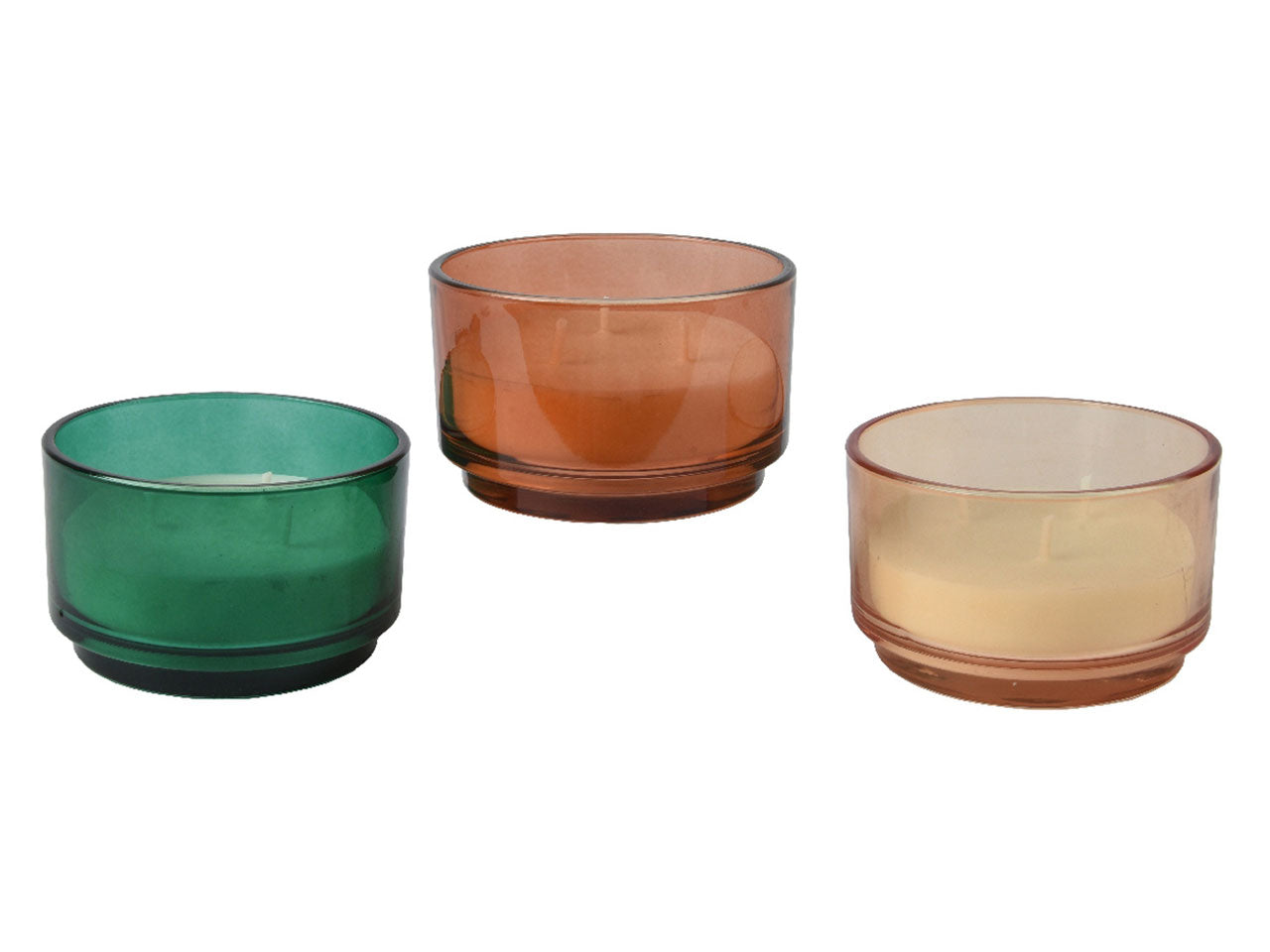 Candela alla citronella in vasetto circolare di vetro trasparente in 3 colori assortiti per esterno diametro 13cm x 8cm