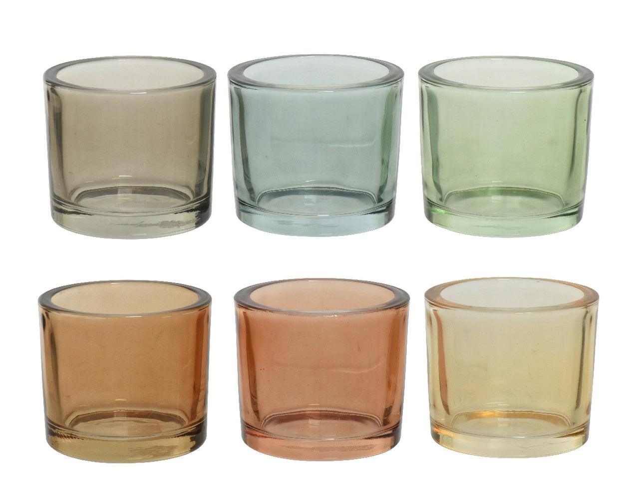Portatealight in vetro trasparente in 6 colori assortiti diametro 9cm x altezza 8cm