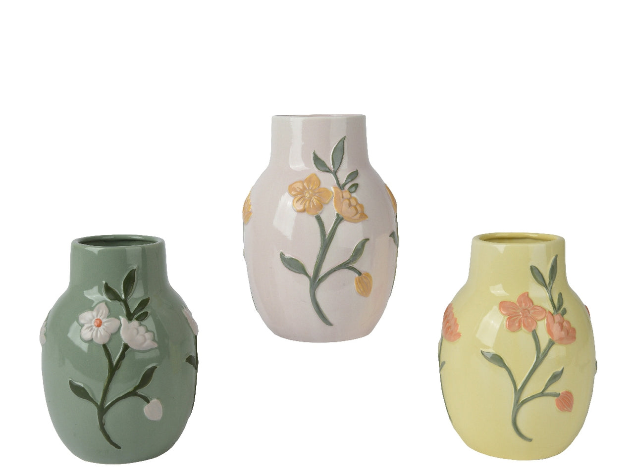 Vaso in porcellana smaltata con decoro floreale in rilievo diametro 14,5 x altezza 20cm in 3 colori assortiti