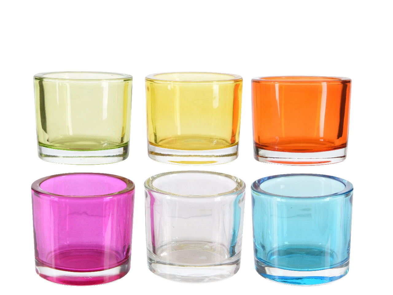 Portatealight in vetro trasparente in 6 colori assortiti diametro 6,5cm x altezza 5,7cm