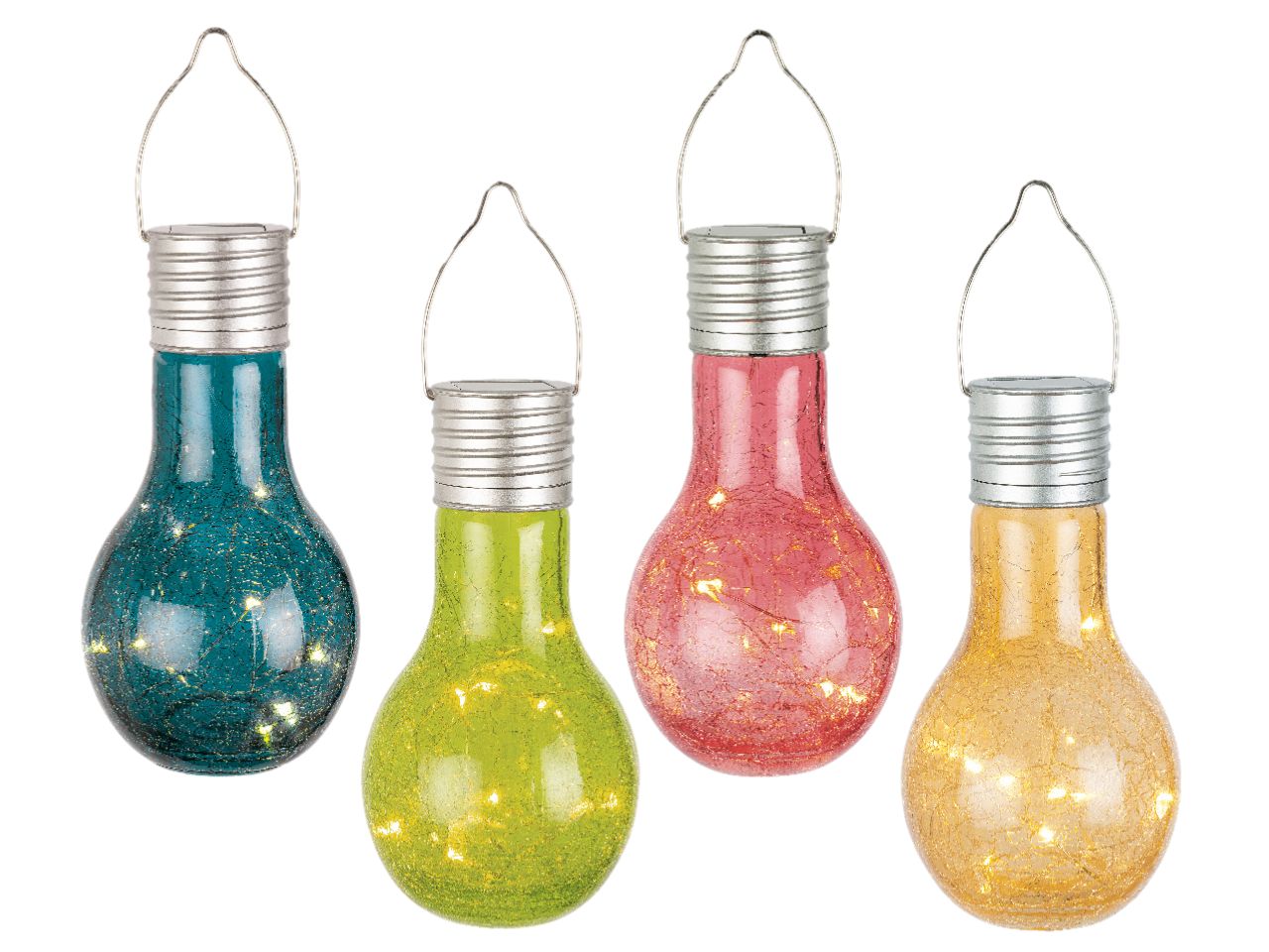 Lampada solare in vetro diametro 9cm x altezza 17cm 4 colori assortiti luce fissa bianco caldo