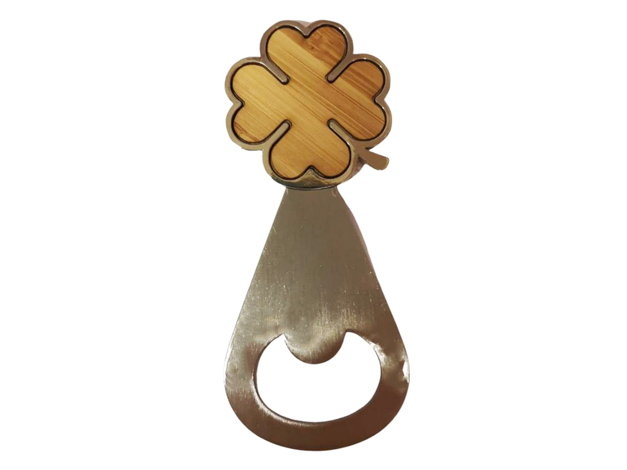 Apri-bottiglia quadrifoglio in legno e acciaio 4,2x10cm