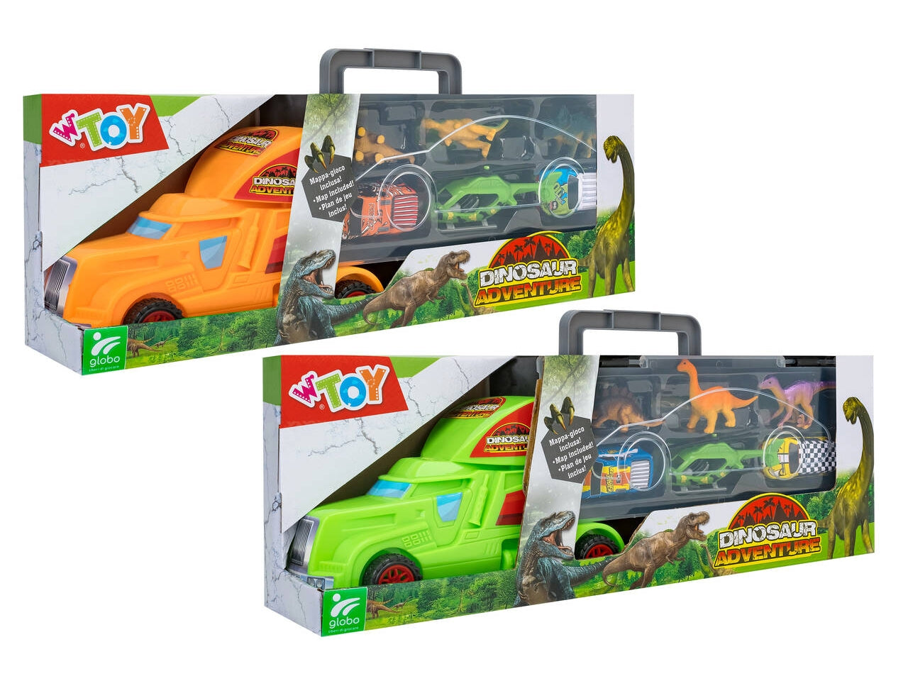 W toy camion conveicoli e dinosauri 6 pezzi con mappa