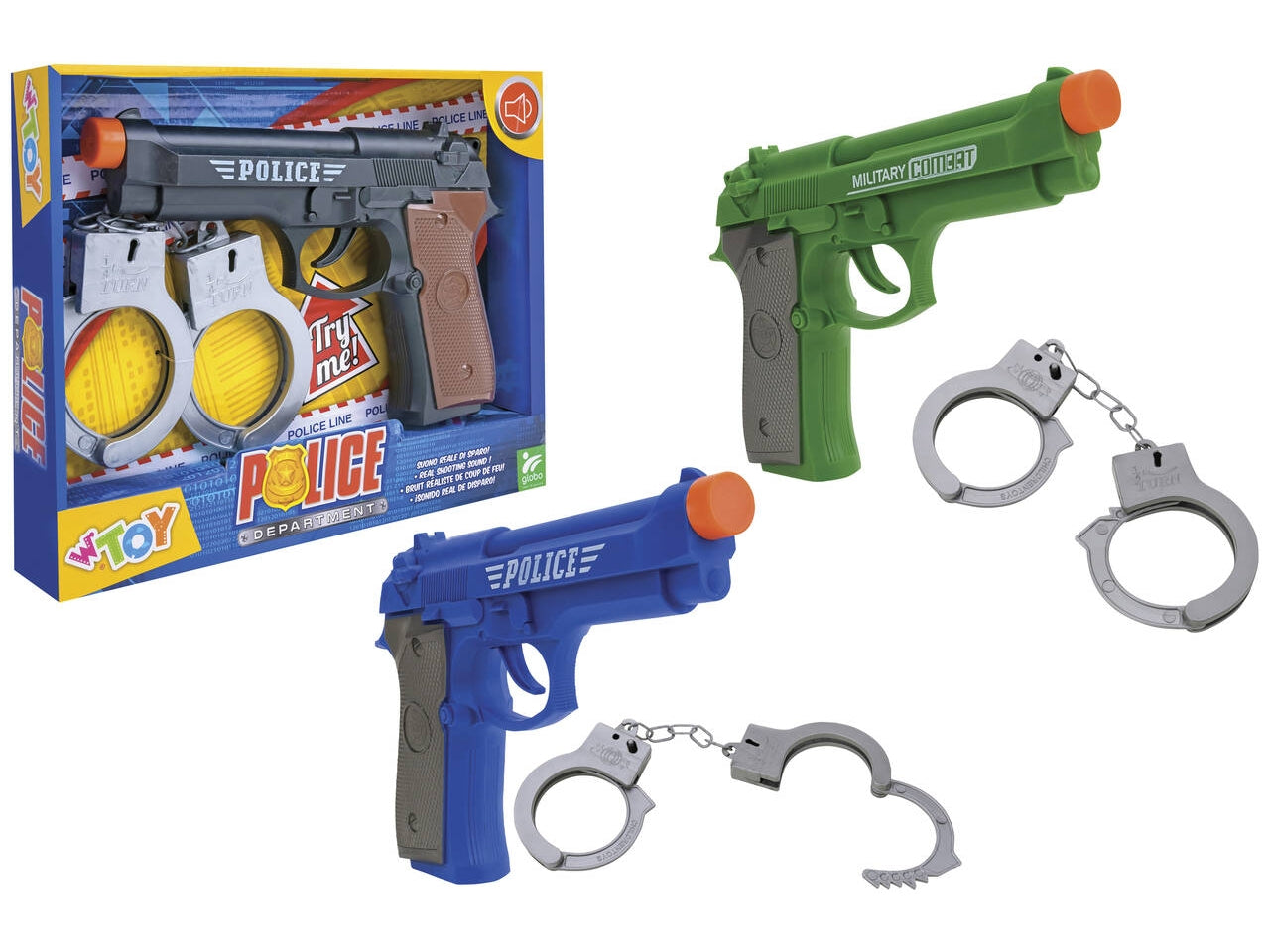 W toy pistola a batteria con suoni e manette in 3 colorazioni