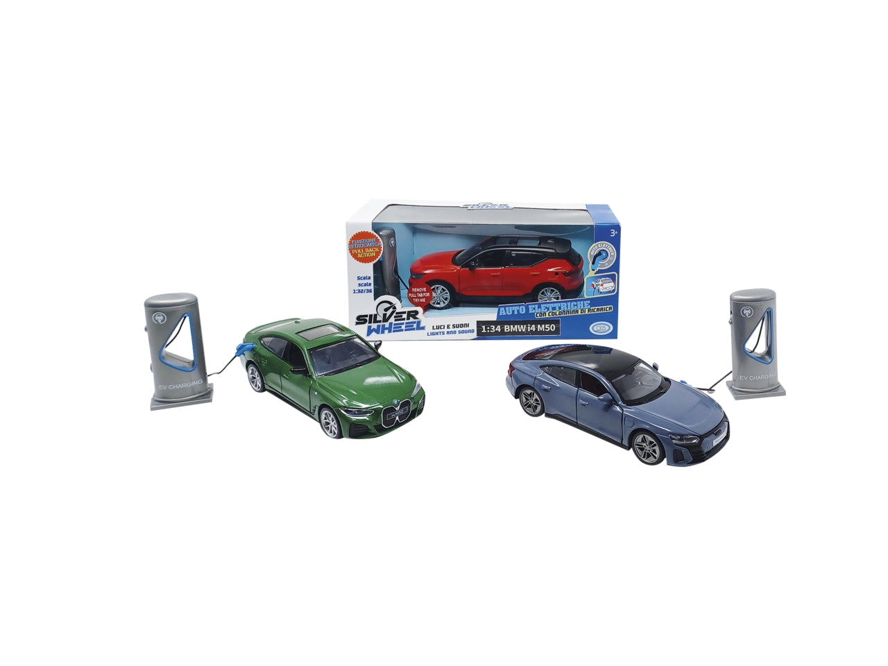 Silver wheel - auto elettriche assortite con colonnina per ricarica auto a retrocarica in scala 1:32/1:36, luci e suoni
