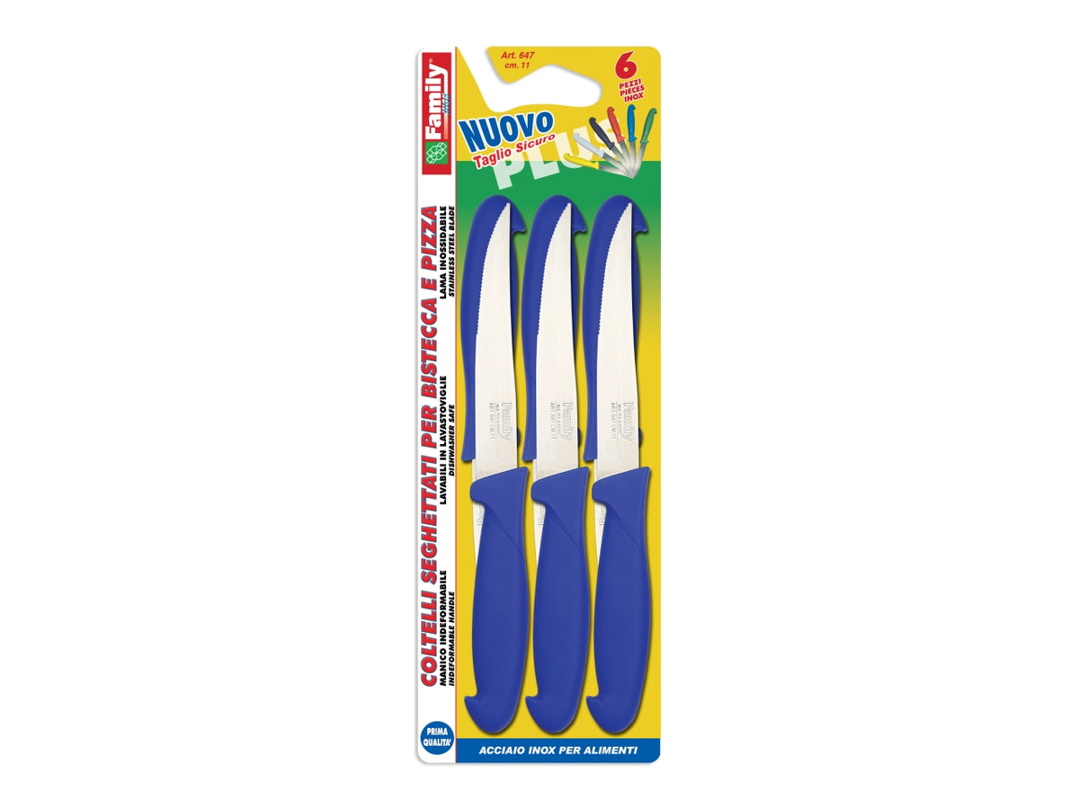 Set di 6 Coltelli seghettati, Coltellerie Paolucci Family Inox, linea Prima Qualità per bistecche e pizza in Acciaio Inox con manico blu