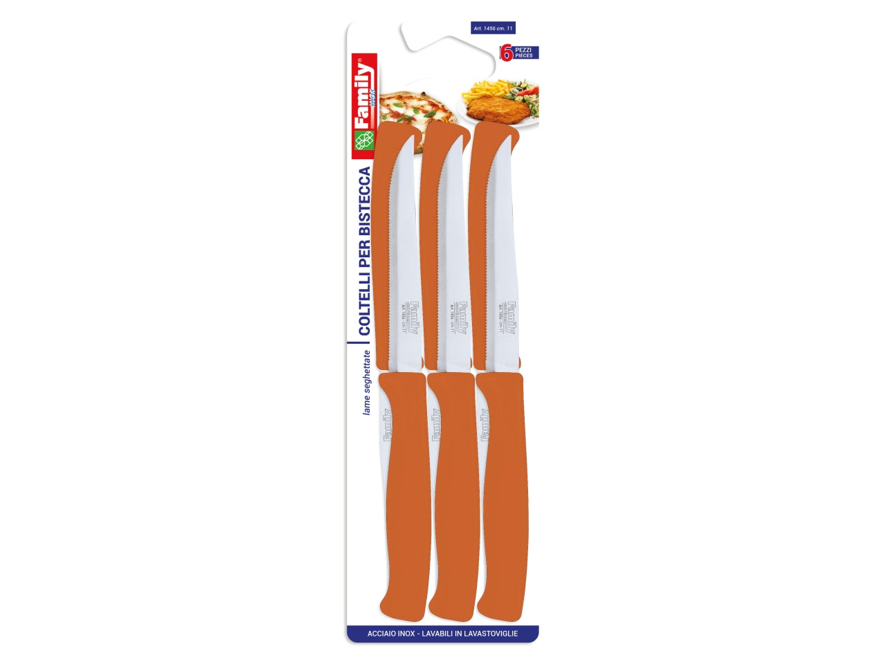 Set 6 Coltelli Seghettati per Bistecca, Coltellerie Paolucci/Family Inox Linea Galaxy, Lama 11cm Acciaio Inox Manico Arancio