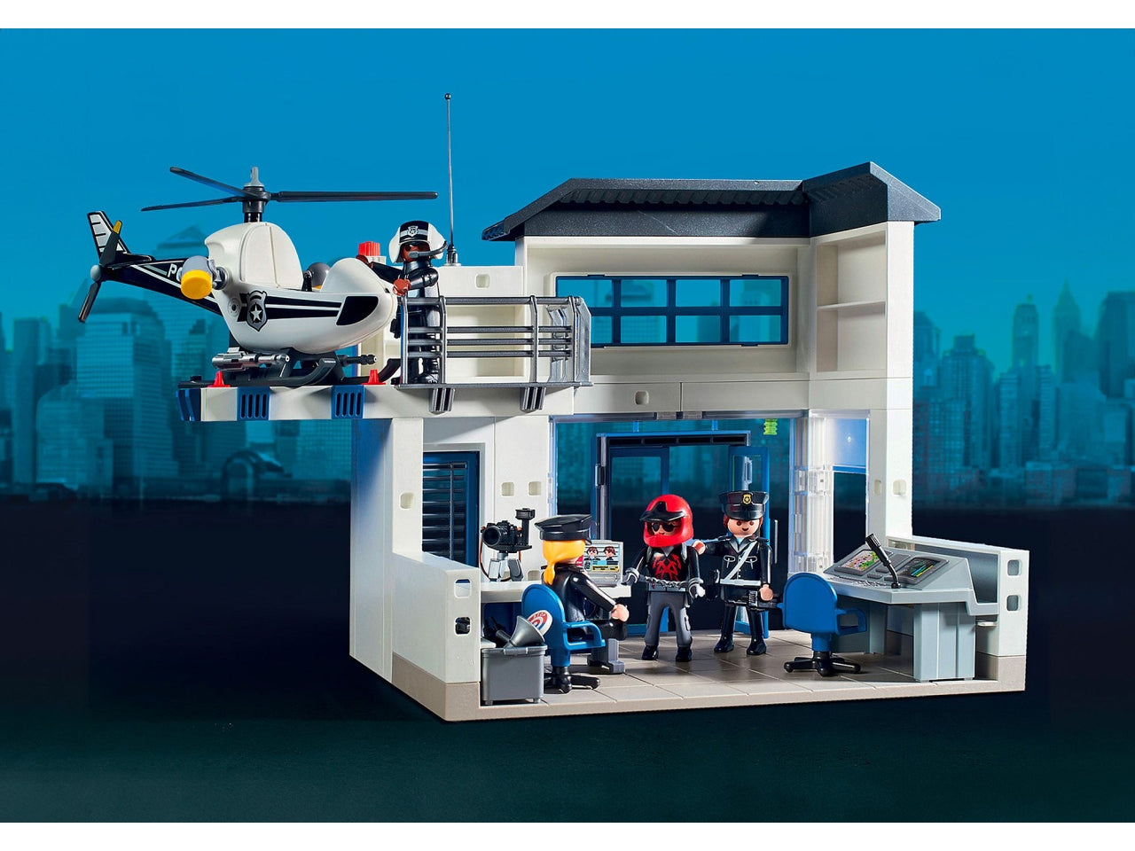 Playmobil Centrale della Polizia, edizione esclusiva per il 50° anniversario, con funzioni interattive, celle di fuga e piattaforma per elicotteri, giocattolo per bambini dai 4 anni in su | Playmobil