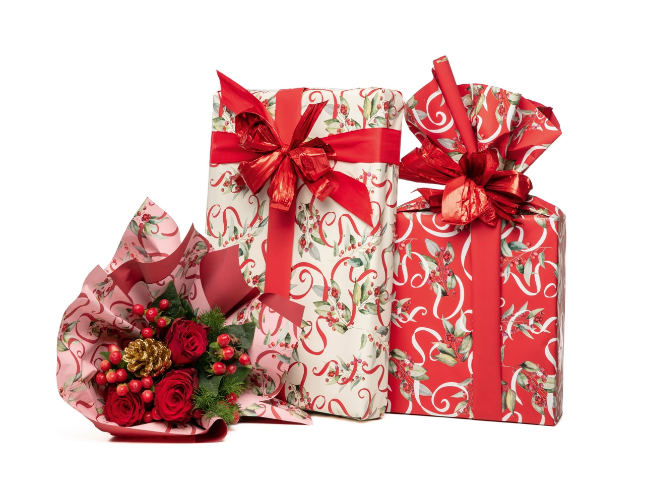 Rotolo carta da regalo floreale rosso in polipropilene 40my, 1x25m - Piennepi