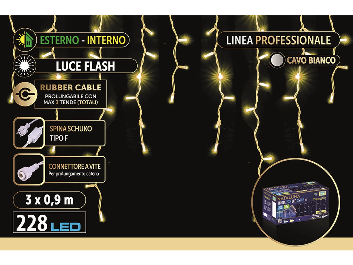 Tenda di luci a cascata con 228 led misura 3x0,9mt connect flash luce calda per uso esterno