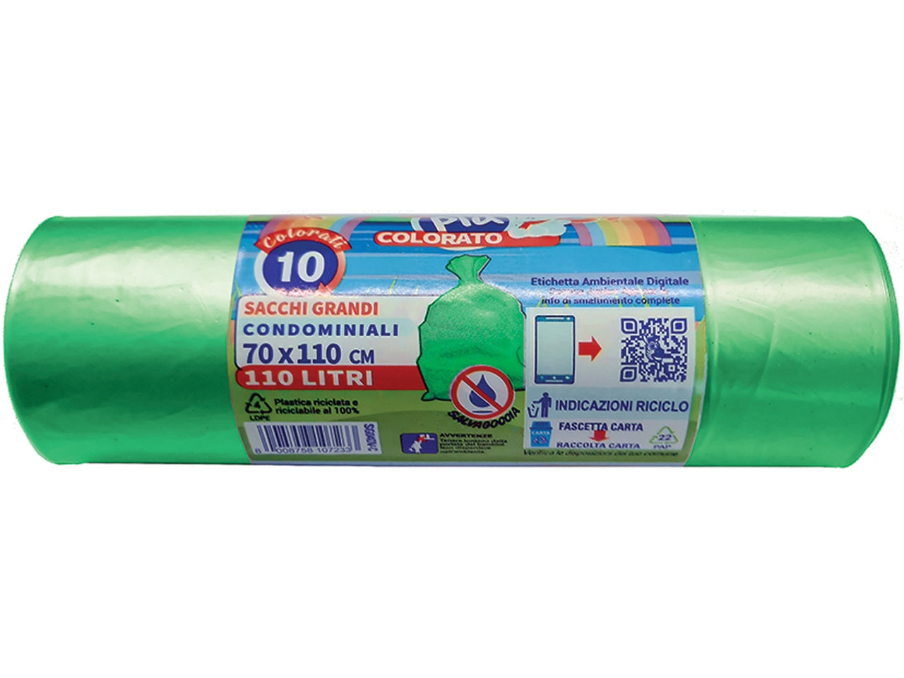 Rotolo compatto 10 sacchi mdpe 70x110cm per raccolta differenziata colore verde