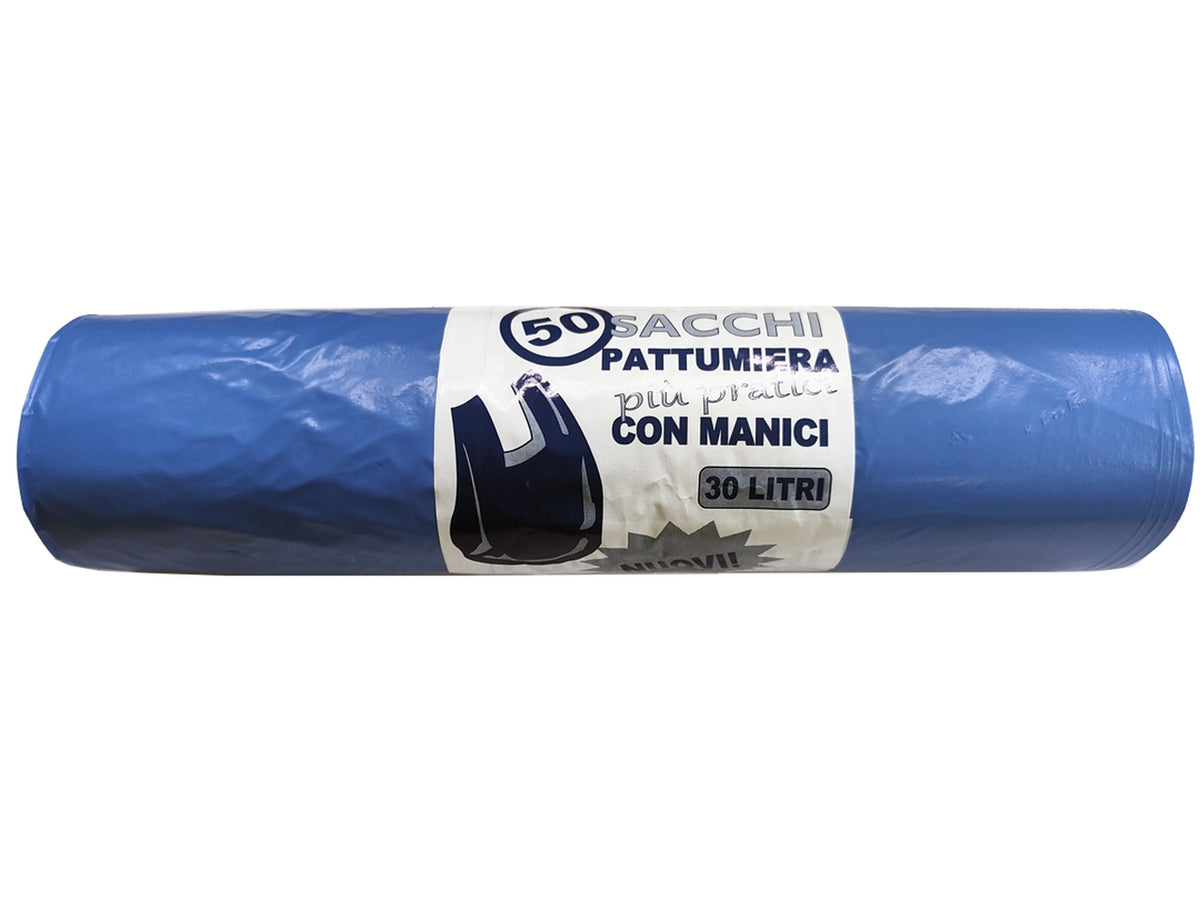 Rotolo 50 sacchi pattumiera blu 30l con bretelle in mdpe