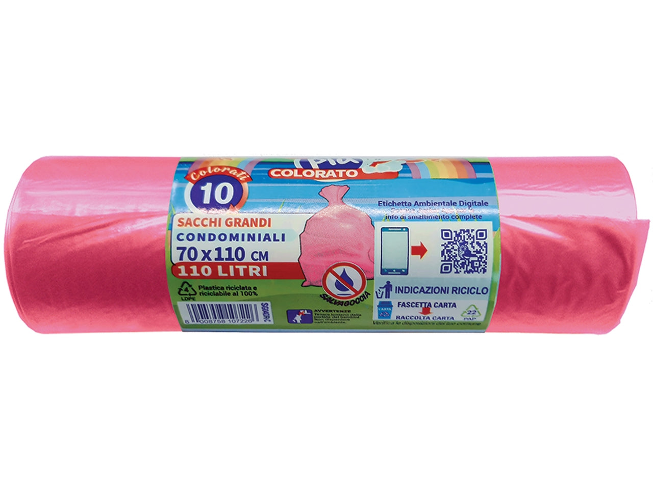 Rotolo compatto 10 sacchi mdpe 70x110cm per raccolta differenziata colore rosa