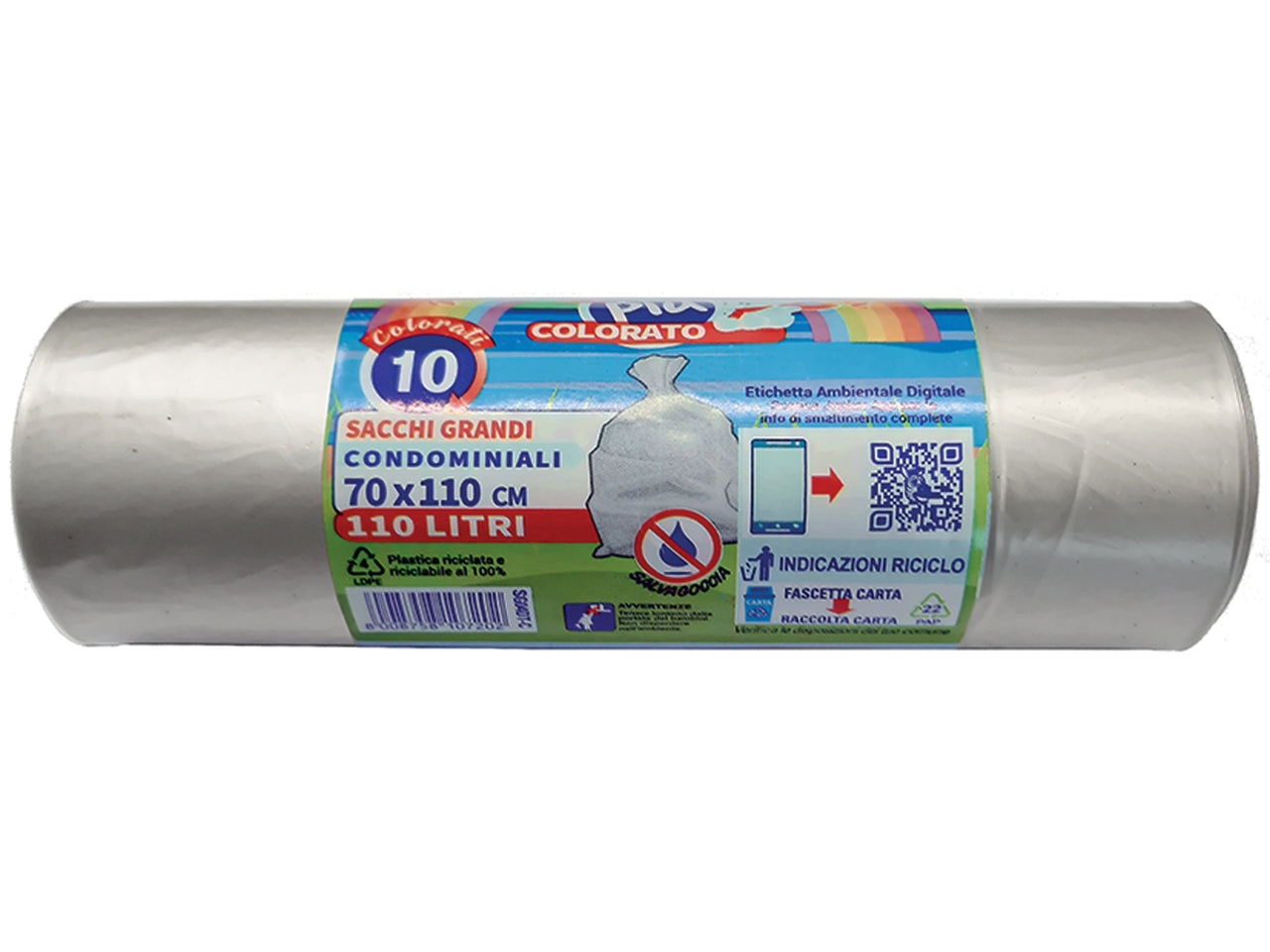 Rotolo compatto 10 sacchi mdpe 70x110cm 110 lt per raccolta differenziata colore trasparente