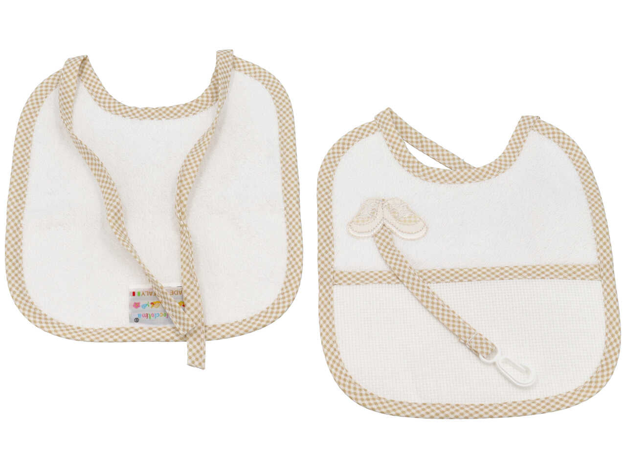 Bavetta bimbi in spugna con porta ciuccio tortora in cotone e tela aida per ricamo - La Chiocciolina