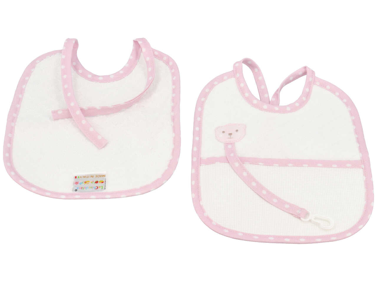Bavetta per bambina con porta ciuccio in cotone bianco e rosa con gancio portaciuccio e inserto in tela aida per ricamo 19x22 cm - La chiocciolina