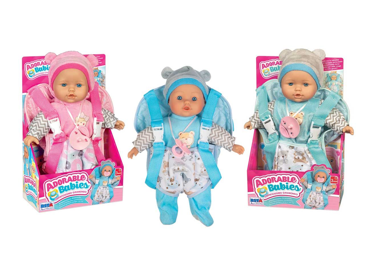 Bambola adorable babies con zainetto giramondo