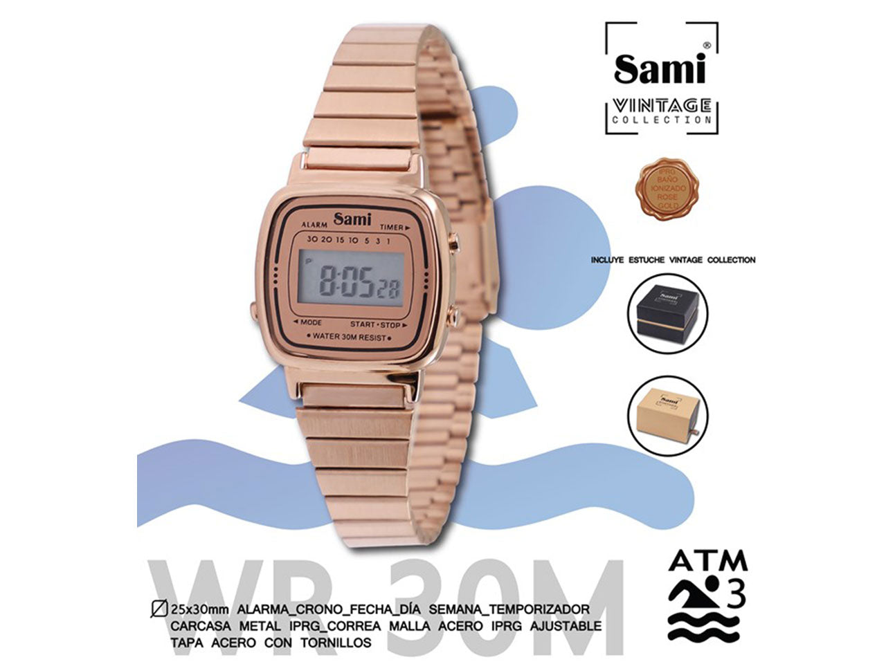 Orologio sami vintage lcd misura d.25x30mm cassa in metallo cinturino elastico regolabile 3 atm colore oro opaco