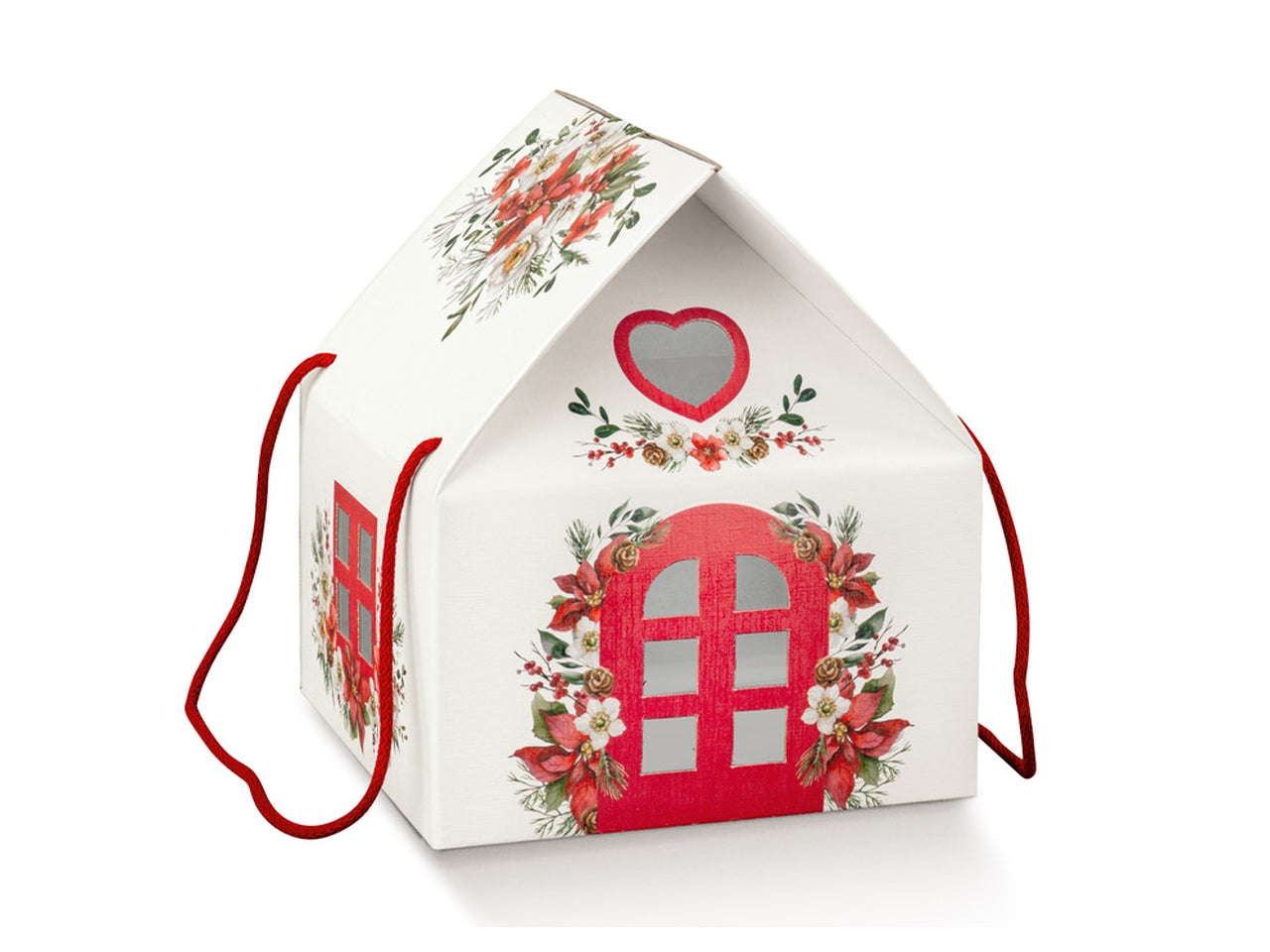 Scatola regalo casetta con cordino bianco e rosso decoro floreale natalizio 24.5x24.5x15 cm - Scotton