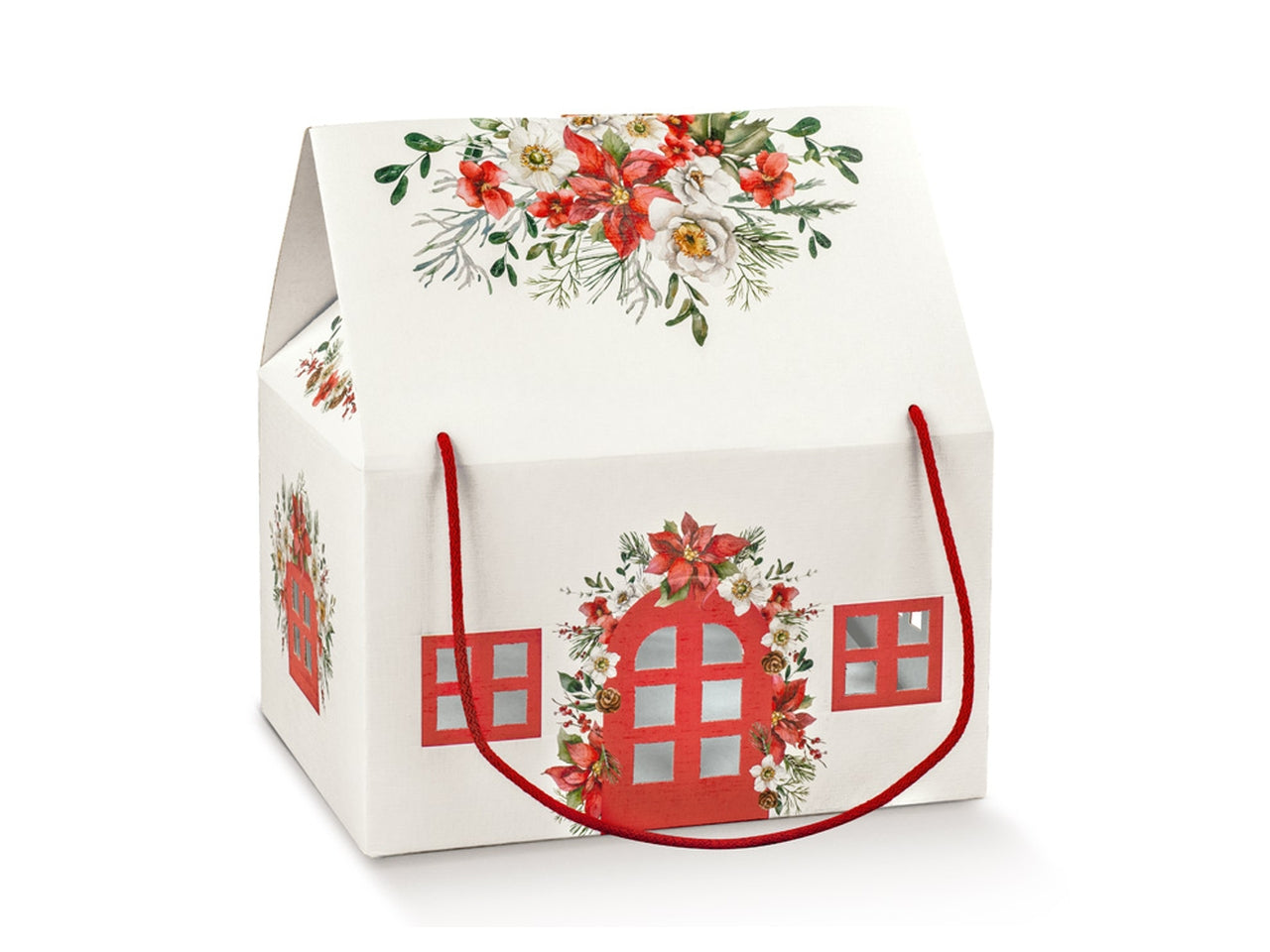 Scatola regalo casetta con cordino bianco e rosso decoro floreale natalizio 33x25x19 cm - Scotton