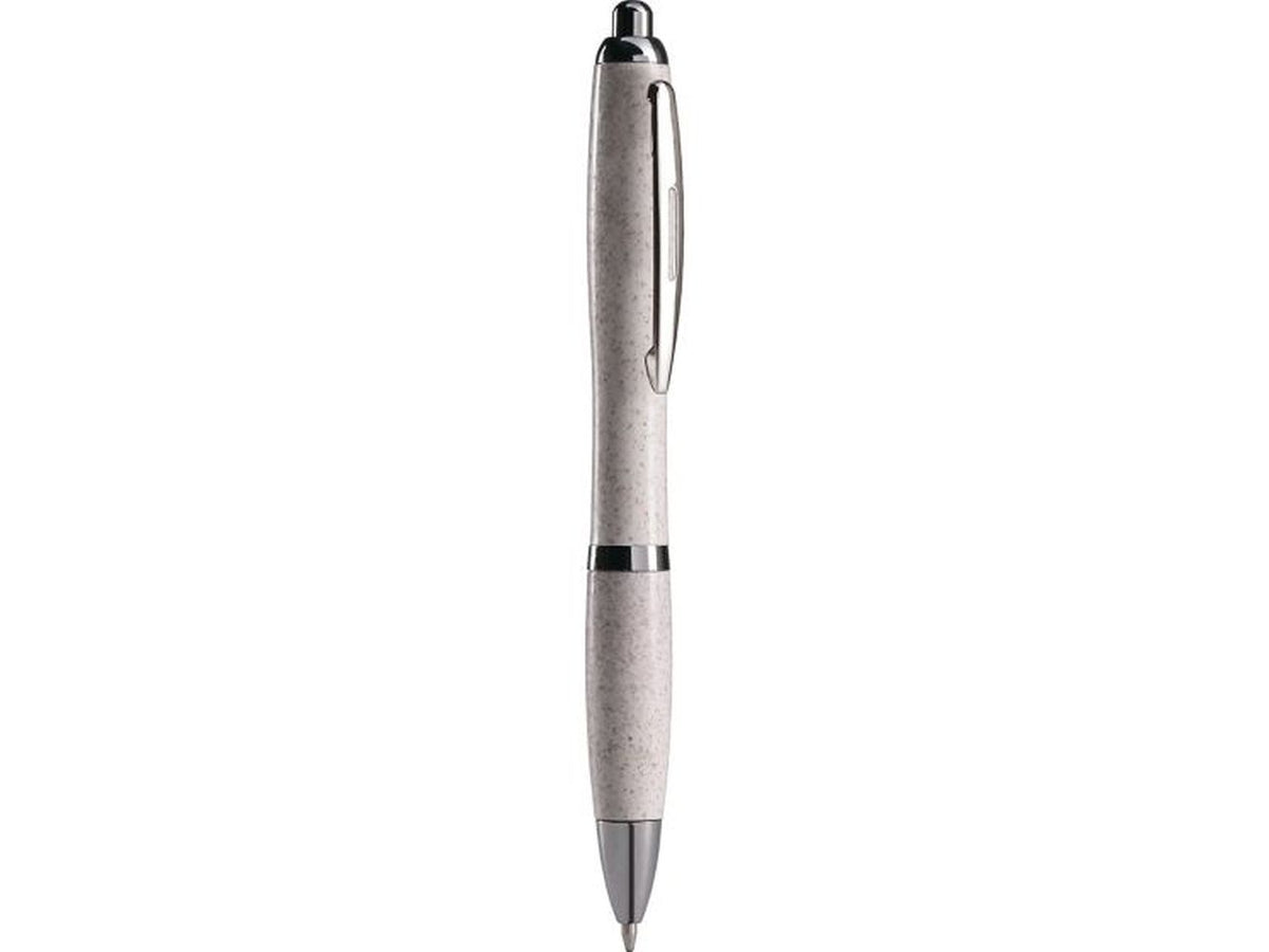 Penna a sfera bianca in paglia di grano e abs con clip in metallo, chiusura a scatto, refill nero.