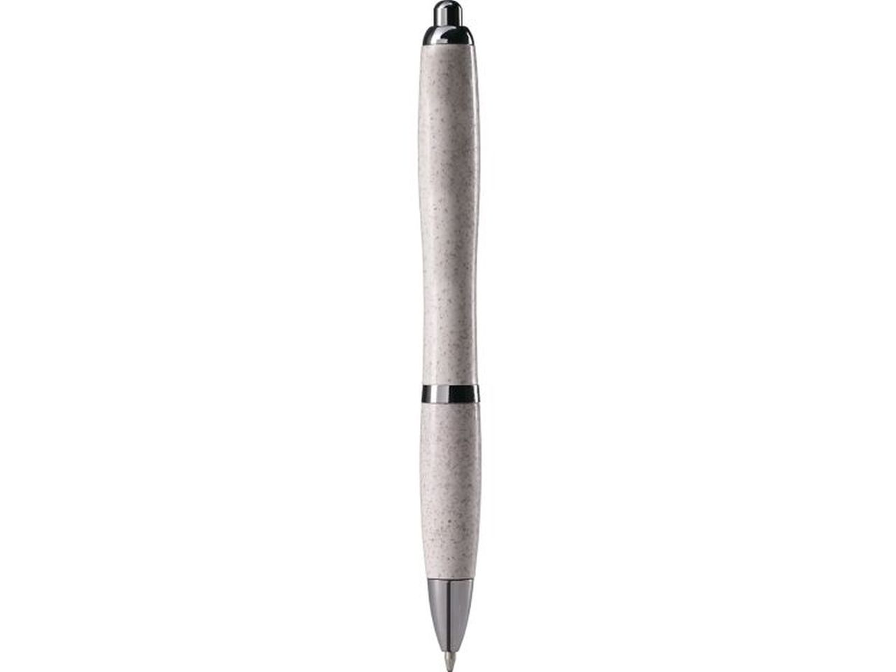 Penna a sfera bianca in paglia di grano e abs con clip in metallo, chiusura a scatto, refill nero.