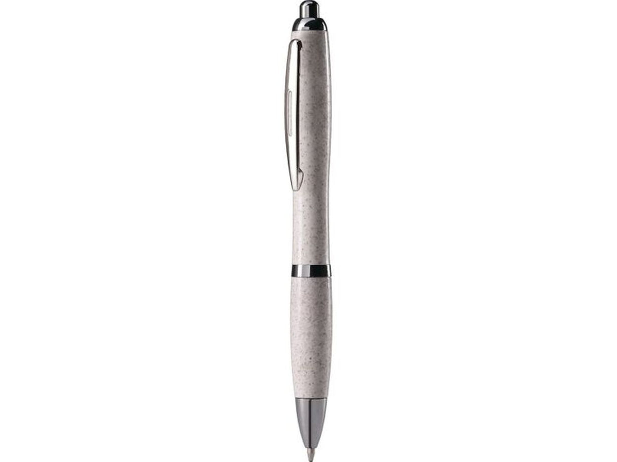 Penna a sfera bianca in paglia di grano e abs con clip in metallo, chiusura a scatto, refill nero.