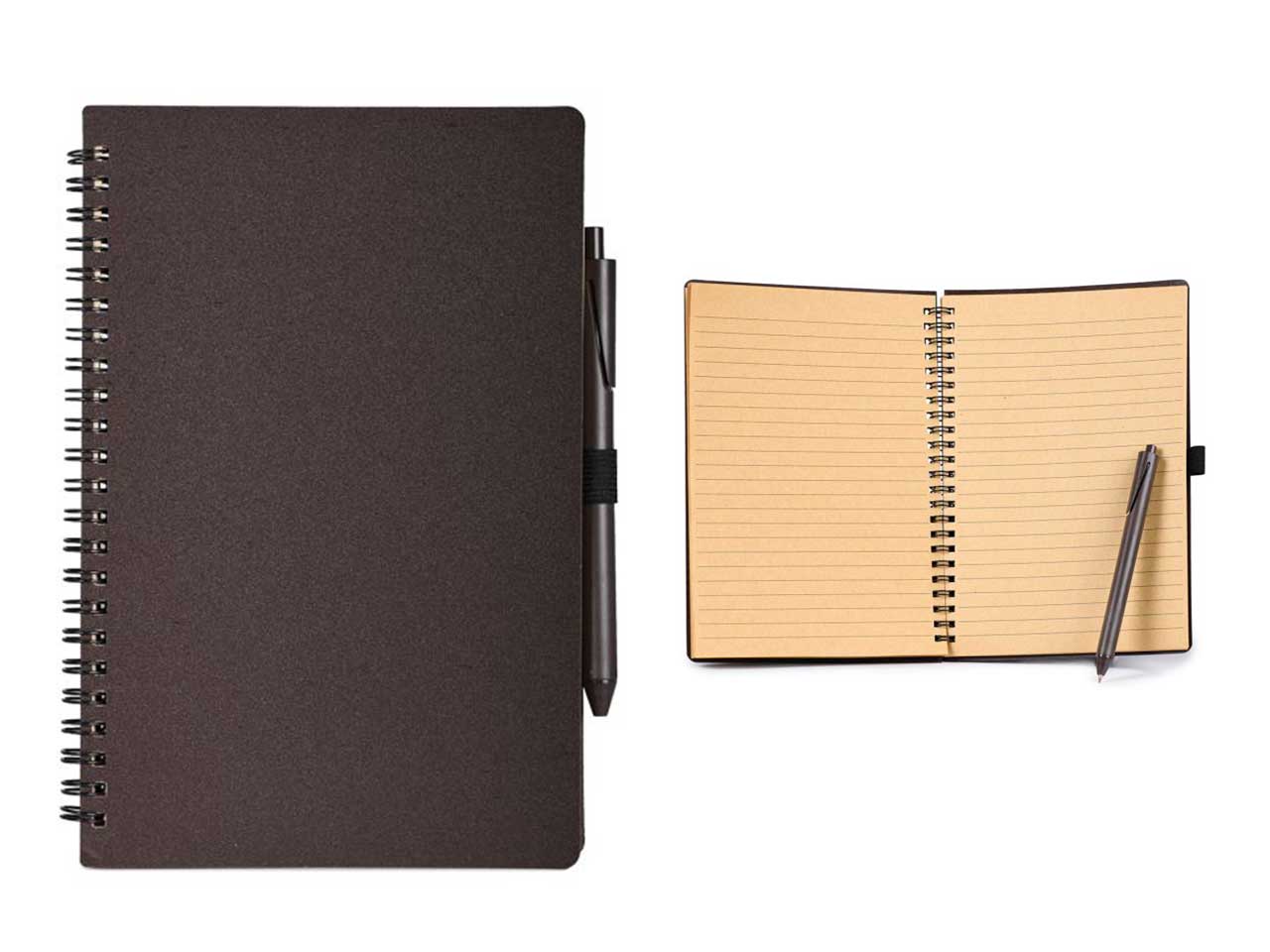 Blocco per appunti in carta kraft a righe con penna a sfera realizzata con miscela di caffè .