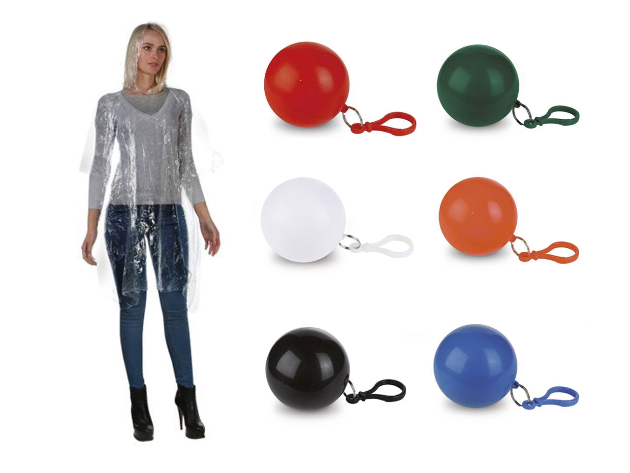 Impermeabile anti pioggia in sfera colorata con moschettone