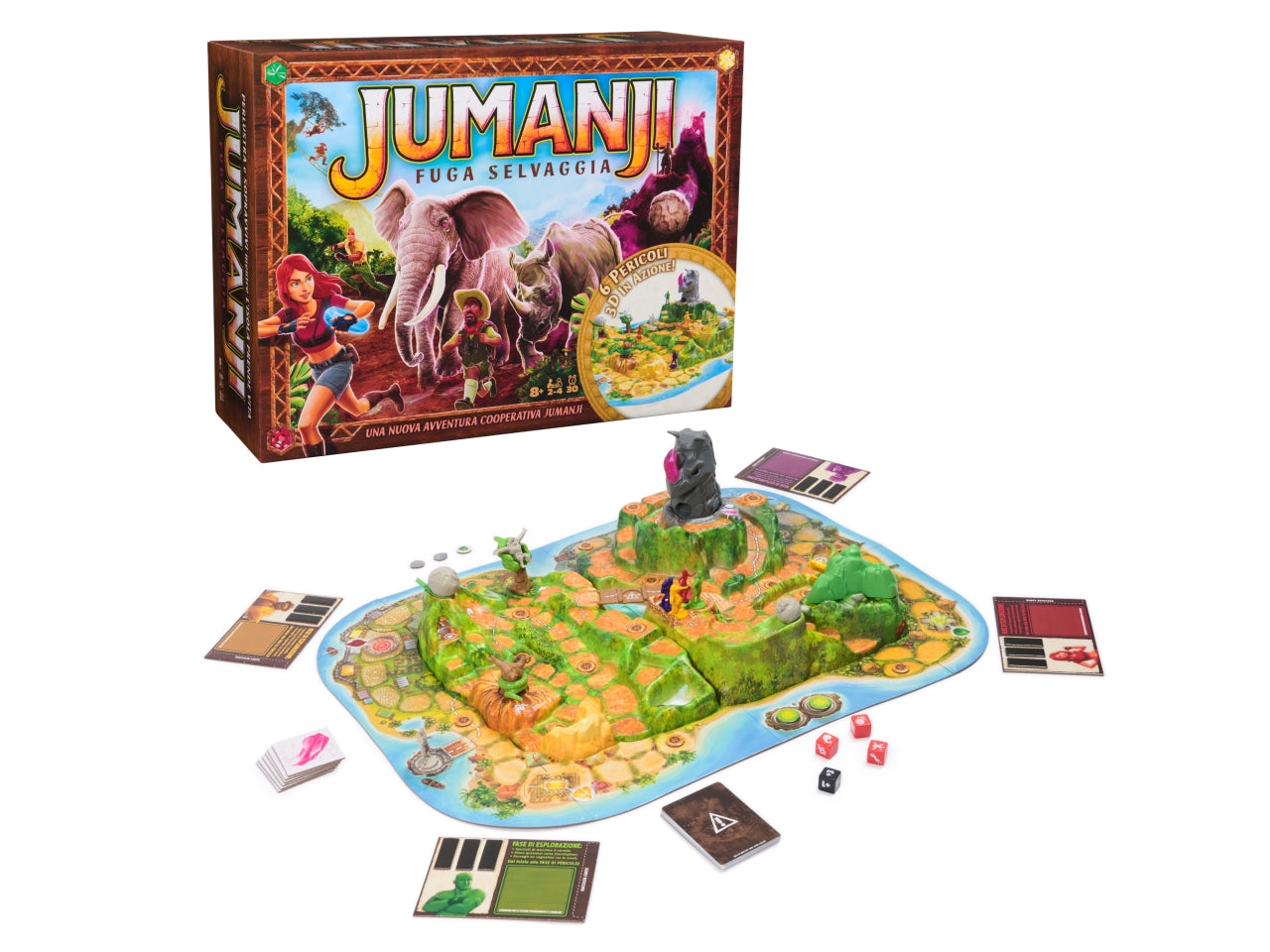 Jumanji Fuga Selvaggia: Gioco da Tavolo Cooperativo per 2-4 Giocatori, Materiale in Carta e Plastica, Età 8+, Tabellone 3D Interattivo, Multicolore - Spin Master