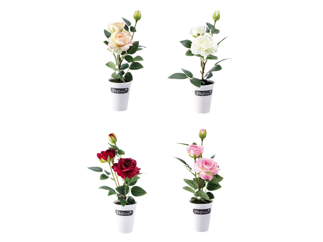 Vaso con rose d.14xh.34cm con 2 fiori e 1 bocciolo in 4 colori assortiti