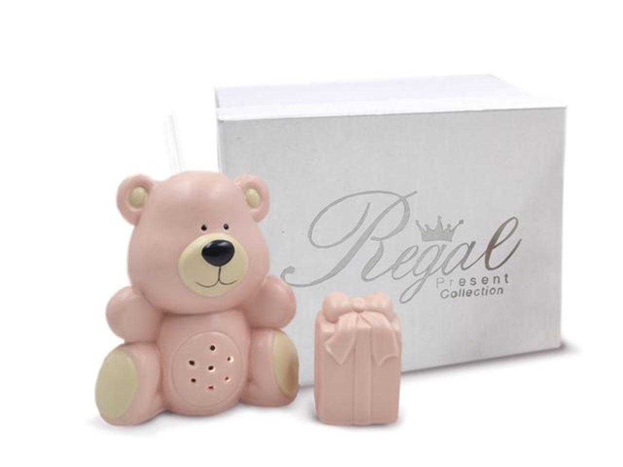 Orsetto diffusore ambiente bastoncini bomboniera nascita bimba rosa in fine ceramica con led, 15x18x8 cm - Regal