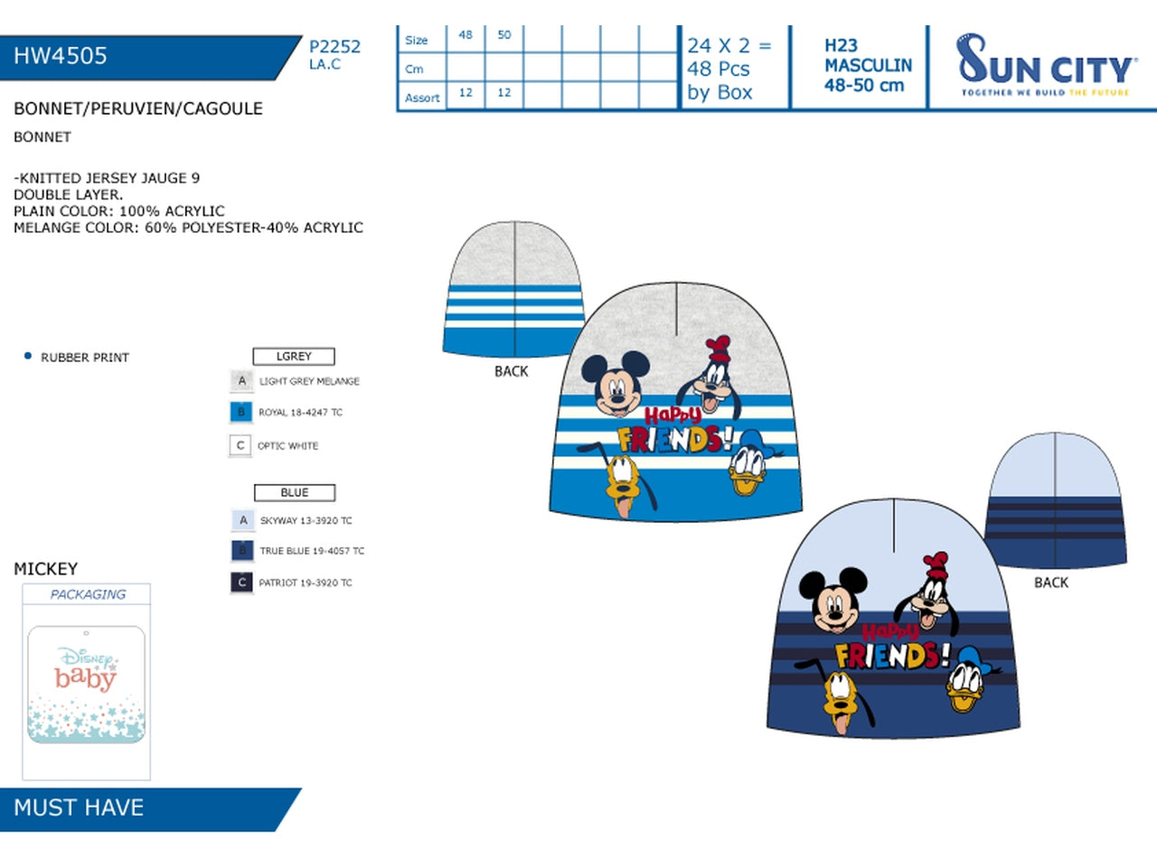 Mickey cappello taglie disponibili 48 e 50 - colori assortiti$