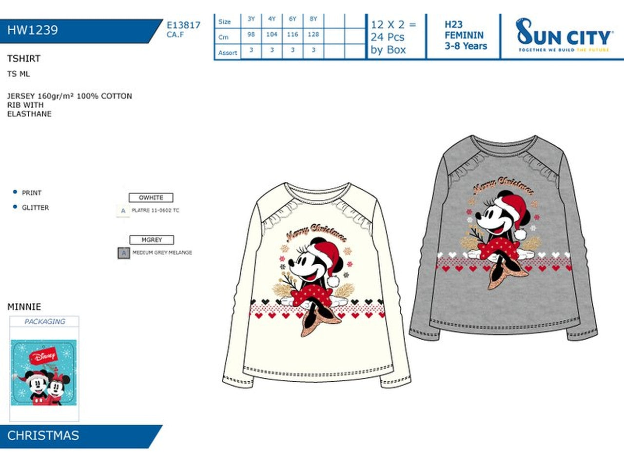 Minnie maglietta a maniche lunghe 100% cotone taglie disponibili da 3 a 8 anni - colori assortiti