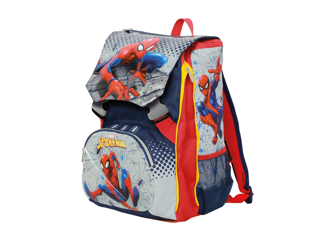 Zaino scuola Spiderman sdoppiabile in tessuto con stampa sagomata e tasca laterale porta borraccia, 28x40x13 cm - Seven