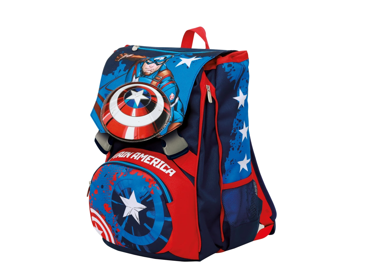 Zaino scuola Captain America sdoppiabile in tessuto con applicazione sagomata e tasca laterale porta borraccia, 28x40x13 cm - Seven$