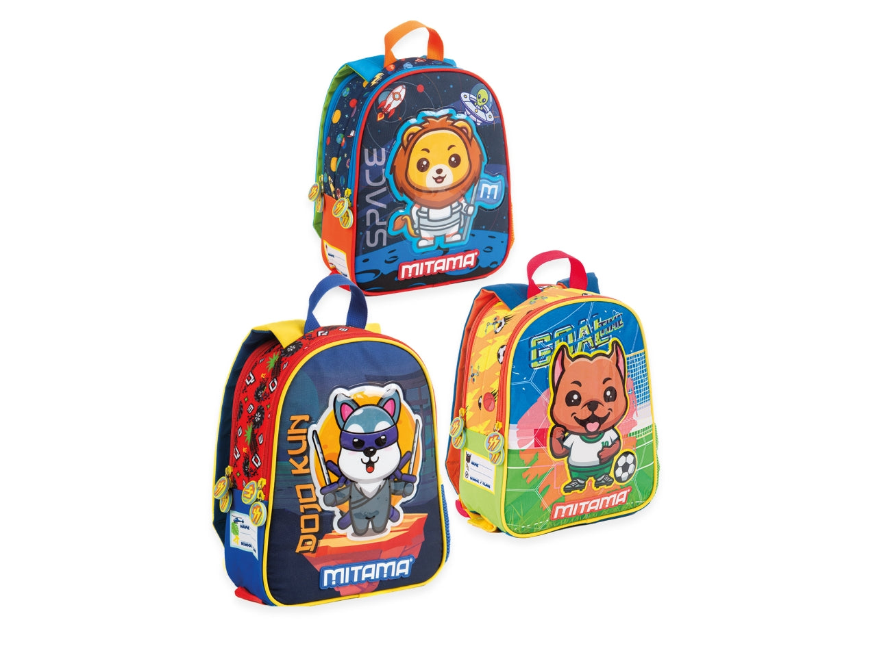 Zaino asilo Mitama Spinny mix boy double face in tessuto impermeabile, fantasie assortite, 25x31x10 cm$
