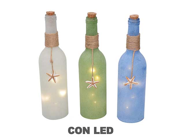 Bottiglia decorativa in vetro satinato stile marinaro con led, colori assortiti - 7x30cm - Vacchetti