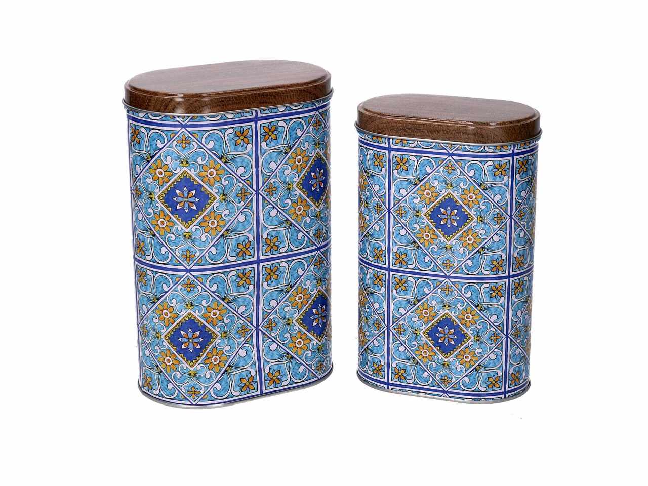 Scatola in metallo con disegno mandala colore azzurro forma ovale set da 2 pezzi; misure: 11,5x7xh.18cm e 13,4x8,6xh.20,3cm