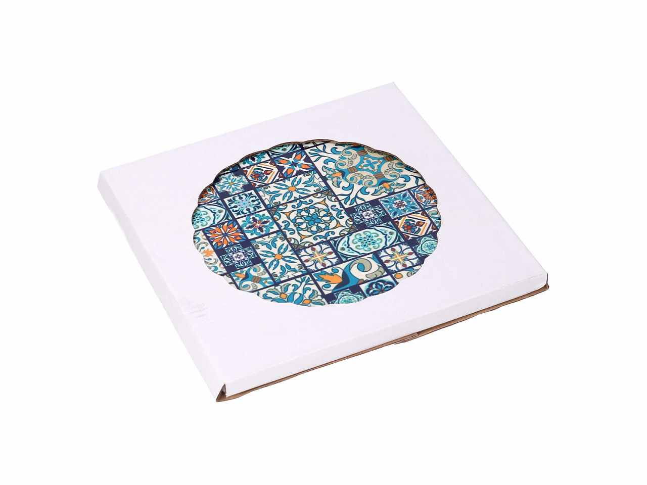 Mattonella in ceramica con sfondo bianco e nero fantasie geometriche e forma rotonda in 2 assortimenti d.20xh0,6cm